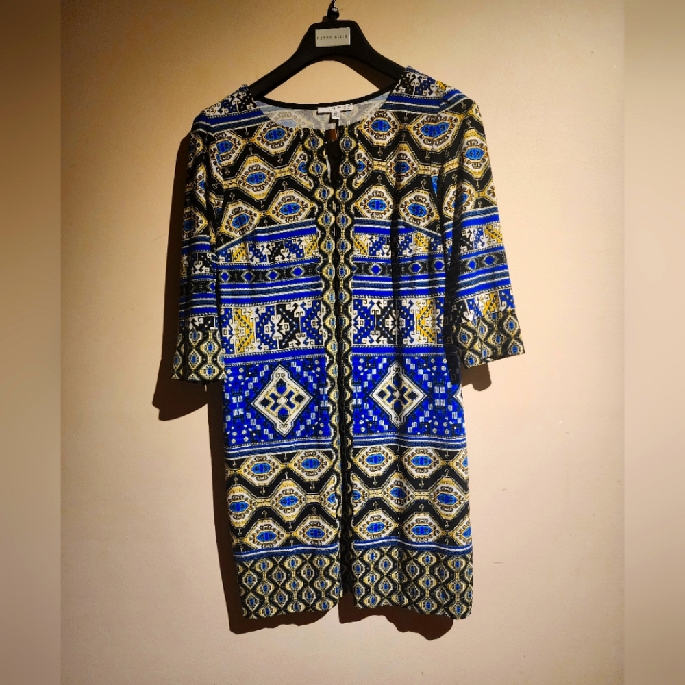 Women's Blue and Gold Geometric Print Tunic Dress